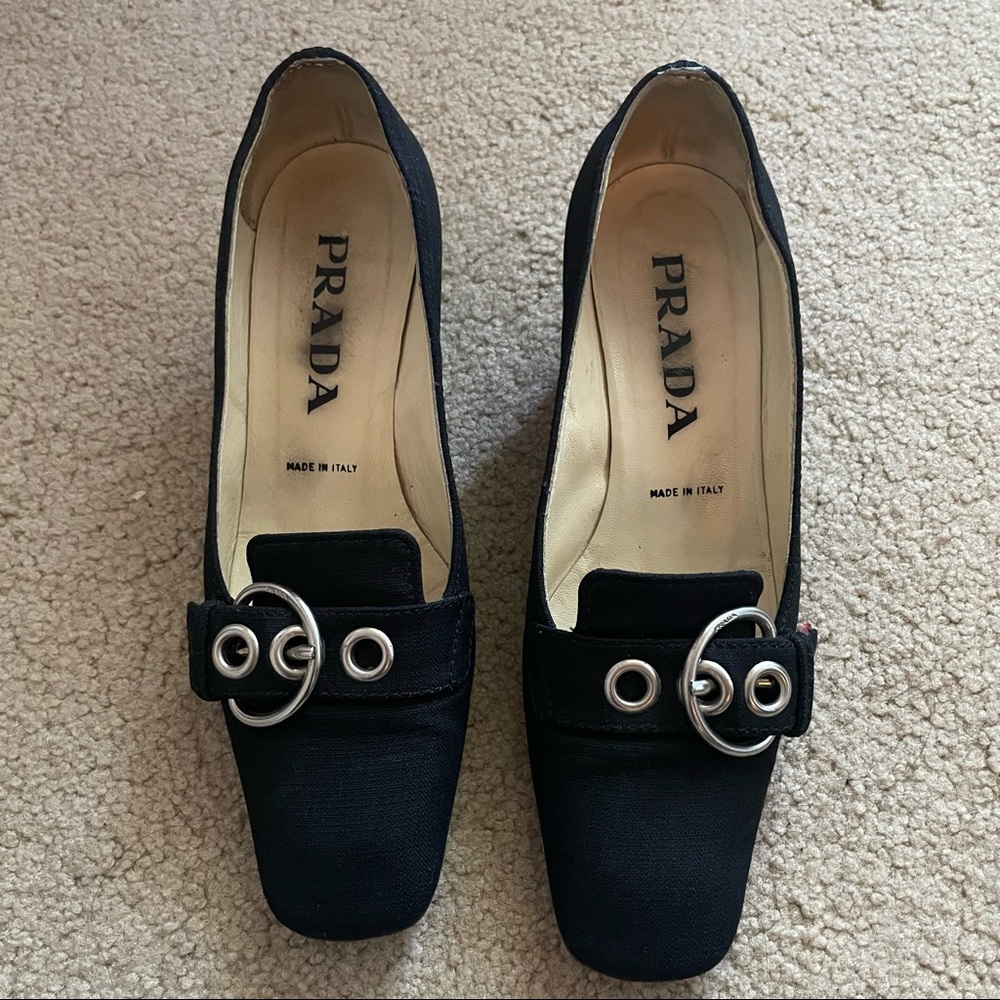 Authentic Prada Black Fabric Low Block Heel with Silver Buckle